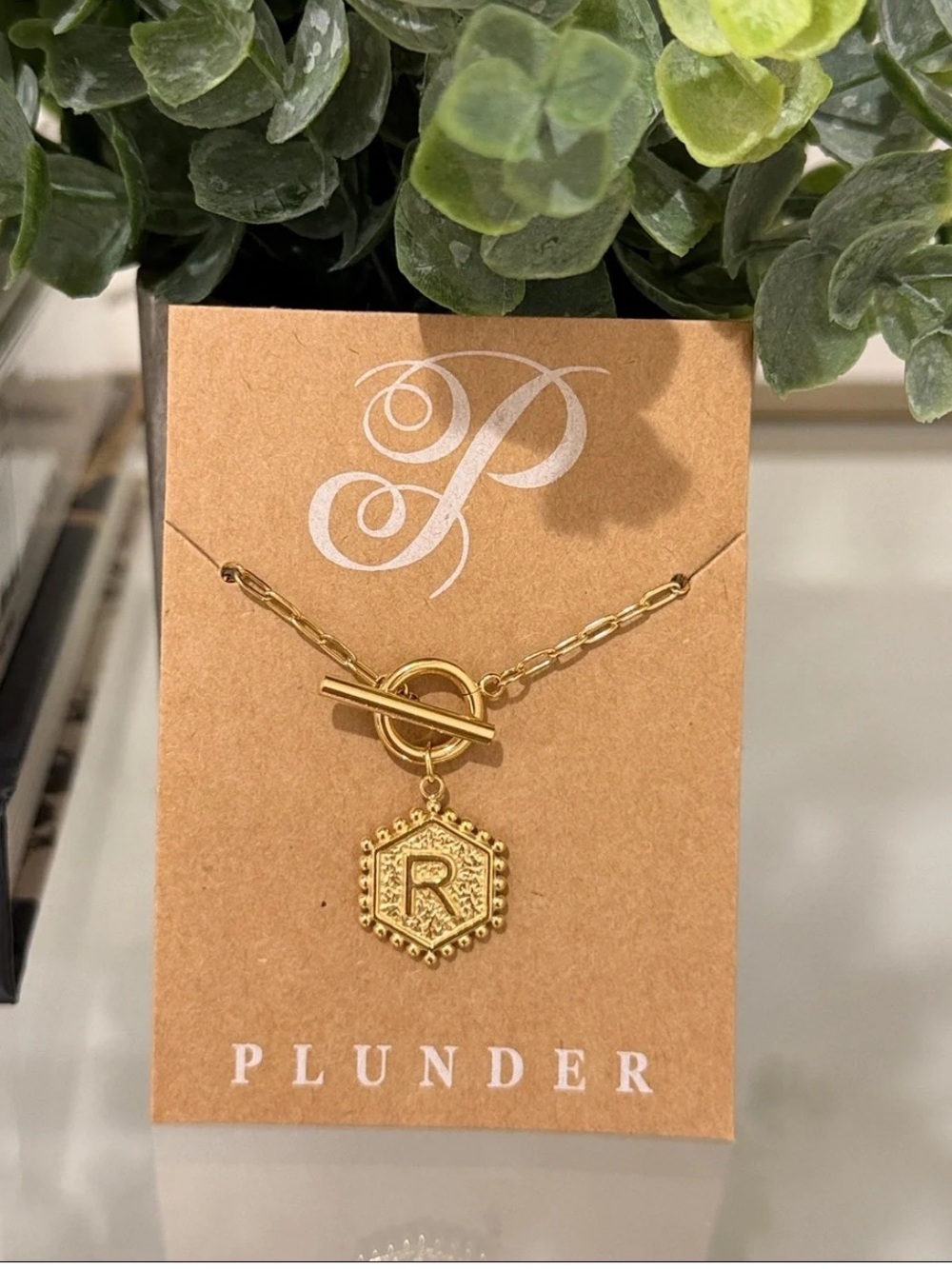 Plunder Gold-Tone Toggle Necklace with Hex Initial R Charm